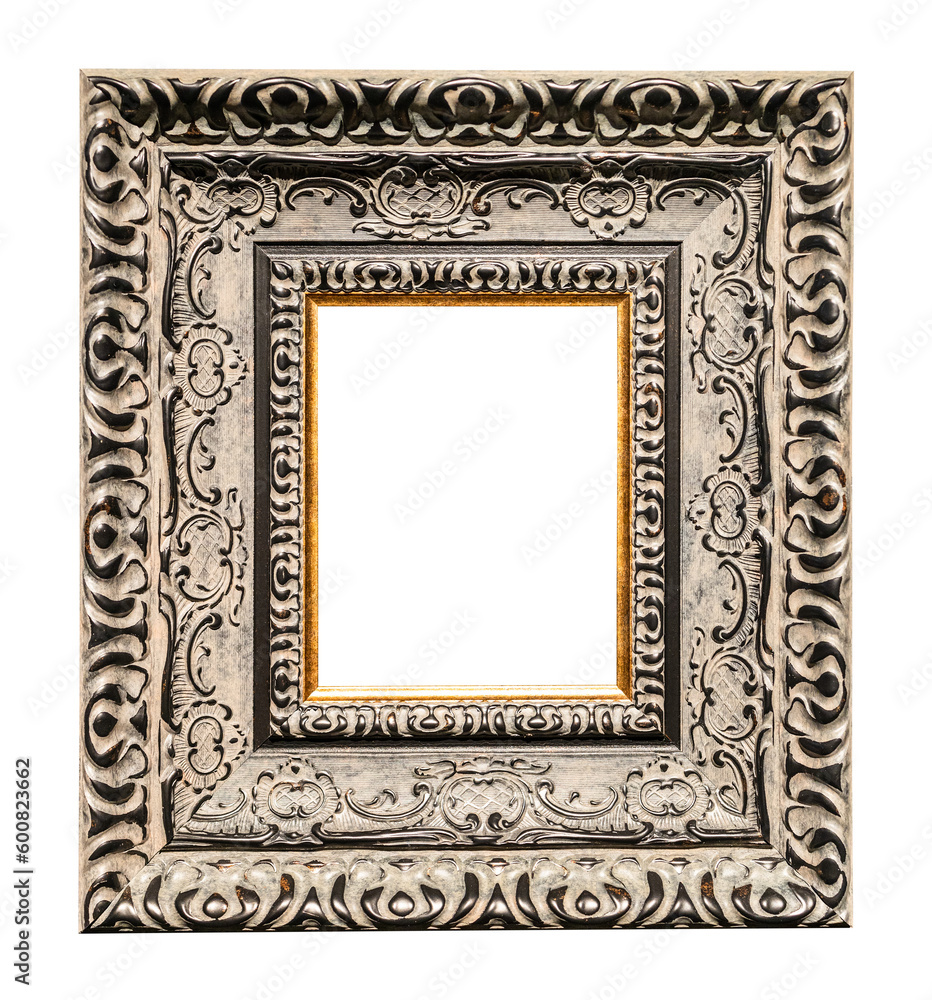 very wide carved silver picture frame isolated on white background with cut out canvas very wide carved silver picture frame isolated on white background with cut out canvas