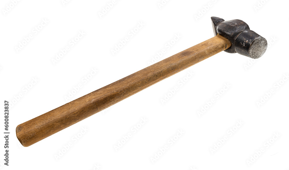 front view of old cross peen hammer with wooden handle isolated on white background front view of old cross peen hammer with wooden handle isolated on white background
