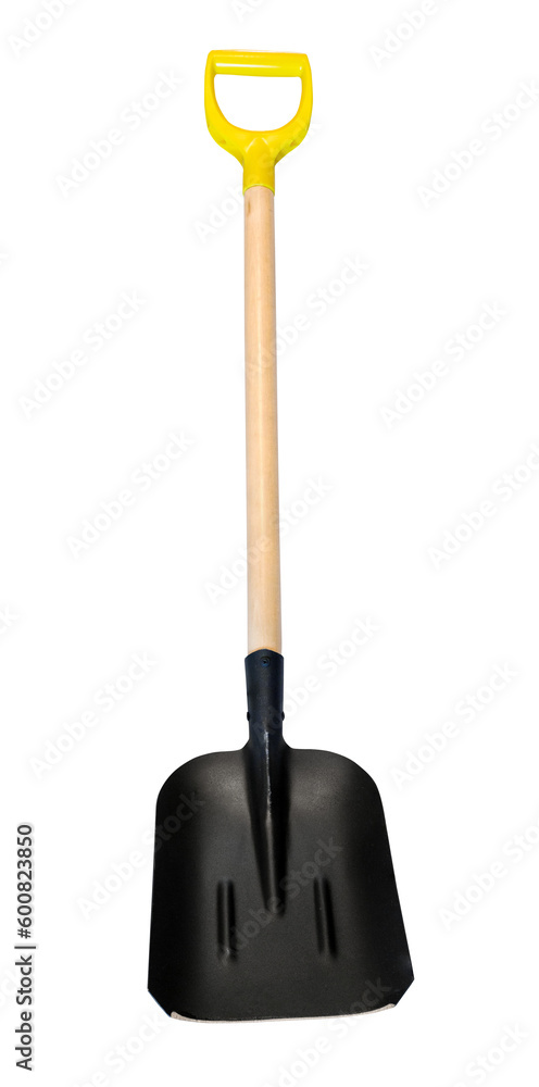 front view of steel scoop shovel with wooden handle isolated on white background front view of steel scoop shovel with wooden handle isolated on white background
