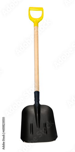 front view of steel scoop shovel with wooden handle isolated on white background