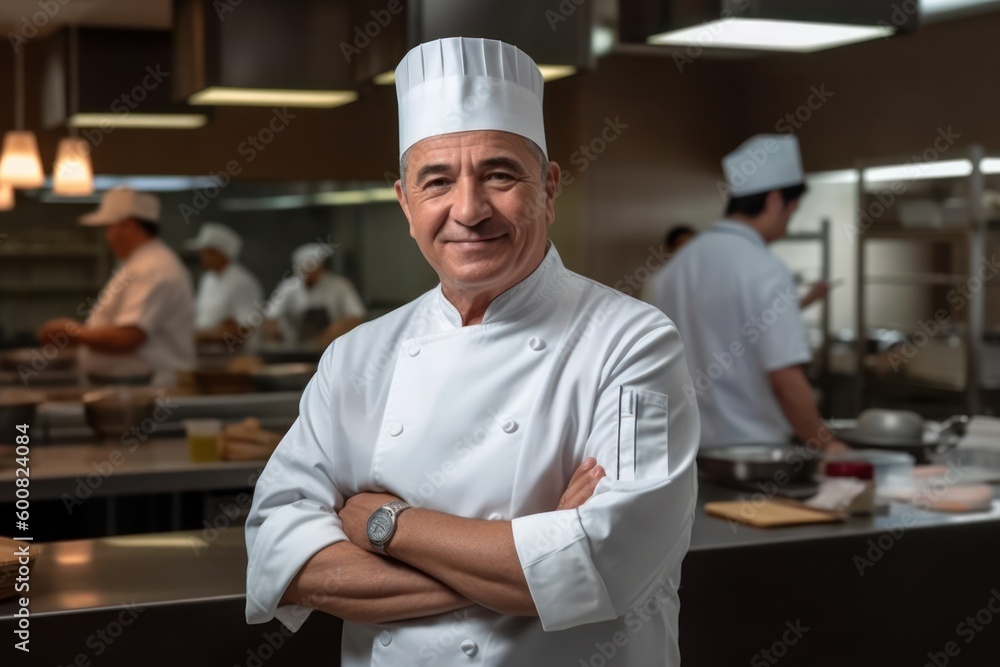 Chef standing in a kitchen with his arms crossed, Generative AI Chef standing in a kitchen with his arms crossed, Generative AI