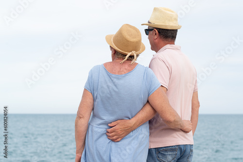 Rear view of a senior couple with the sea at the background.