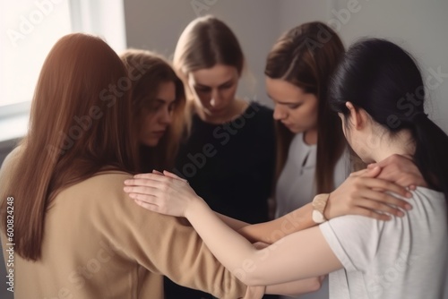 A group of women pray in a circle, selective focus, Generative AI