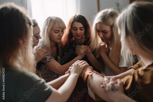 A group of women hold hands together pray in a circle, selective focus, Generative AI