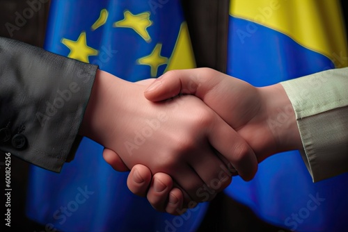 the handshake between Ukraine and Europe symbolizes their mutual desire for a strong relationship. As Ukraine seeks to join the European Union, Europe offers its support and inclusion. AI-generated.