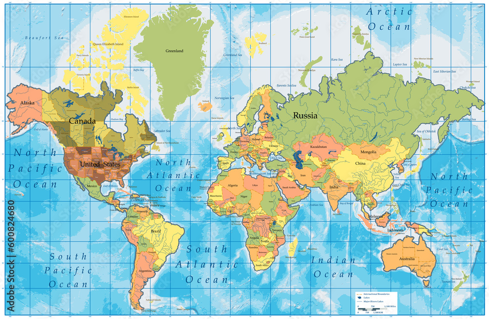 Political Map With Rivers Labeled Map with all names of countries, rivers - easy editable colors EPS 10 ...