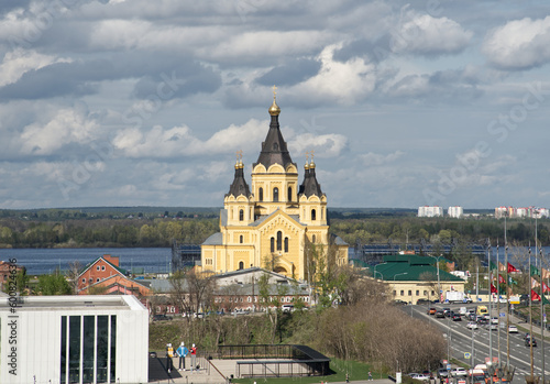 Nizhniy Novgorod, Russian Federation, April 27, 2023, Alexander Nevsky New Fair Cathedral view from afar