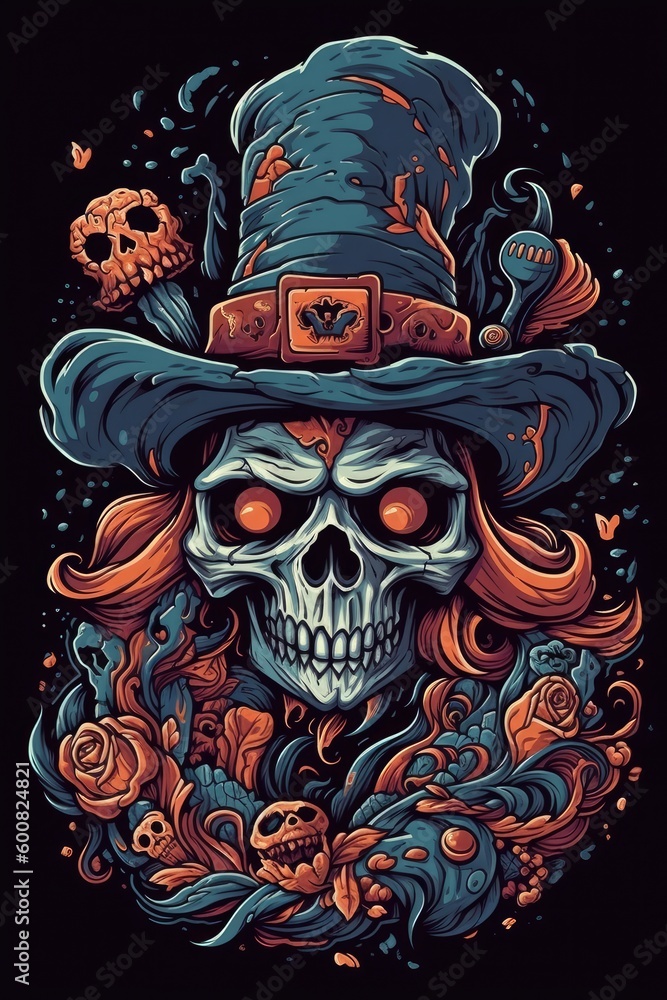 Cartoon Witch skull Tshirt design. Generative AI Cartoon Witch skull Tshirt design. Generative AI