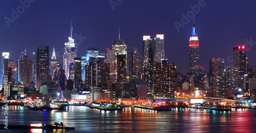 New York City Manhattan skyline panorama at night over Hudson River with refelctions viewed from New Jersey photo
