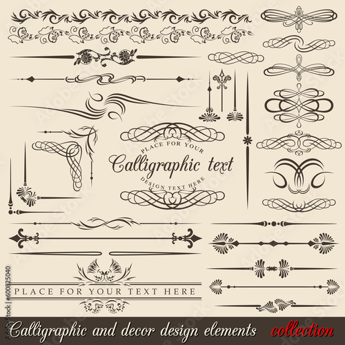 Calligraphic and decor design elements. Vector design corners, bars, swirls, frames and borders. Hand  written retro feather symbols.