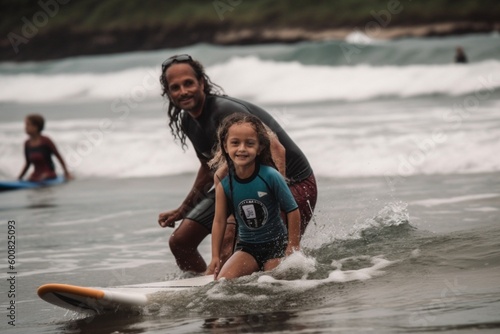 Family on the beach with a surfboard, surfing lesson, Generative Ai © iryna