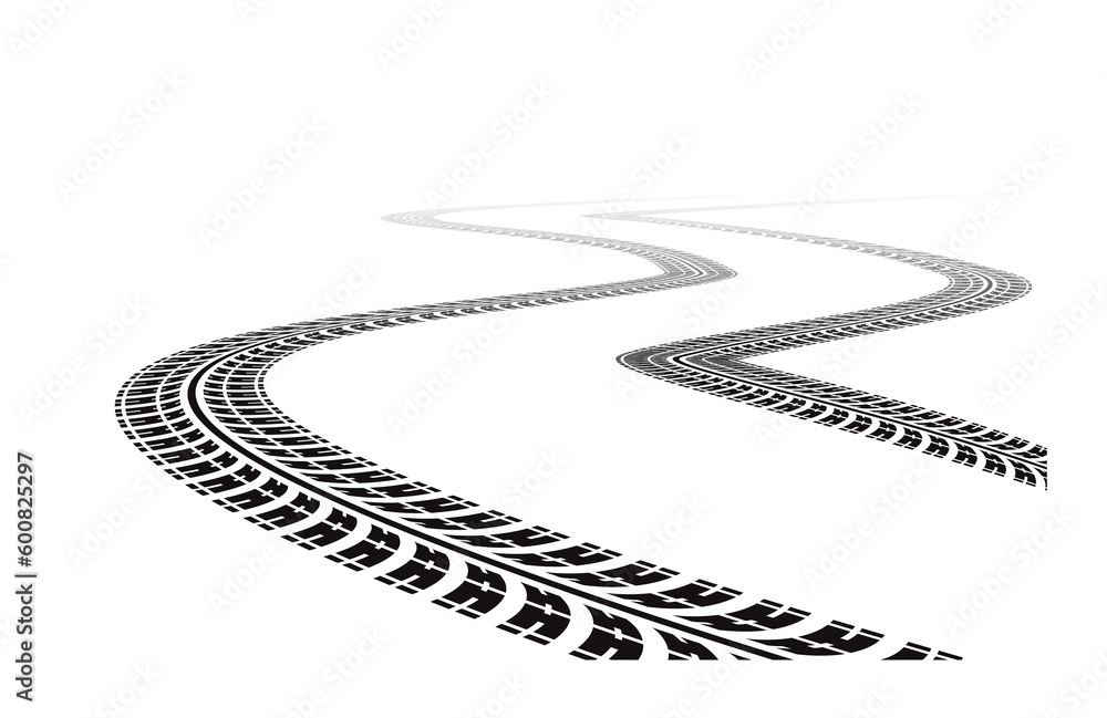 tire tracks in perspective view. Vector illustration isolated on white background - obrazy, fototapety, plakaty 