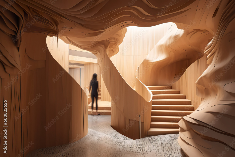A person is walking down a set of stairs. Organic parallel lines, wooden decorations, generative AI. A person is walking down a set of stairs. Organic parallel lines, wooden decorations, generative AI.