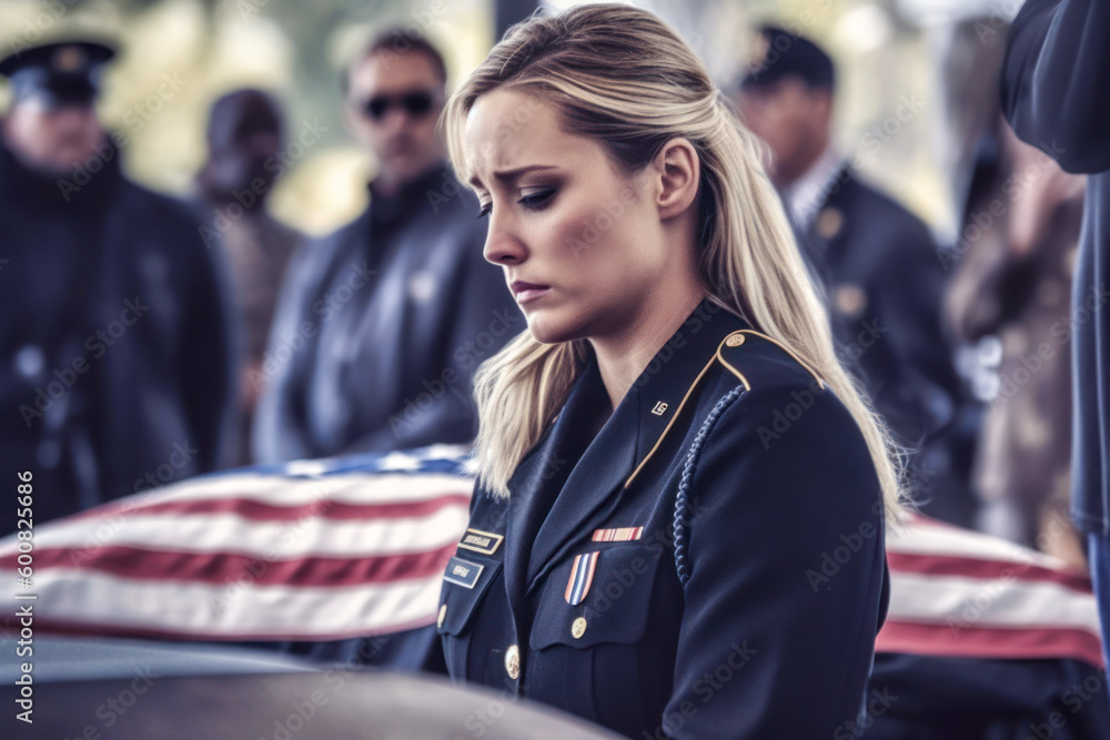Soldier grieving over casket draped with USA flag, military funeral. Generative AI Soldier grieving over casket draped with USA flag, military funeral. Generative AI