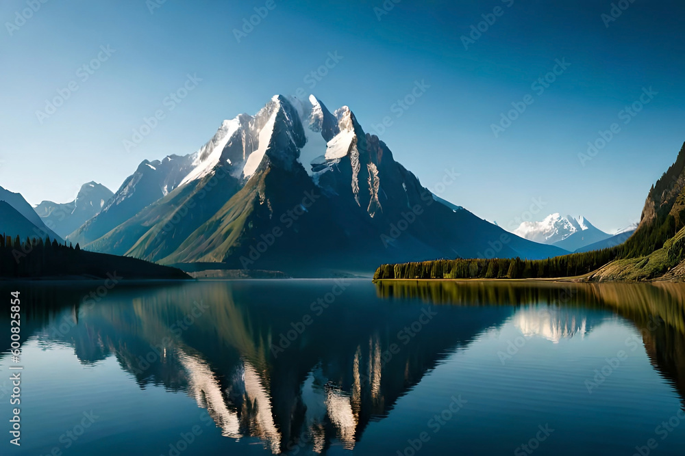 a mountain range towering over a tranquil lake, with a calm water