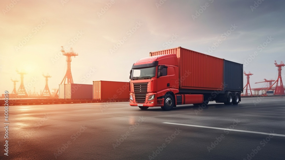 Logistics for the import and export of containers, freight ships, and trucks carrying red containers on a port's cargo shipping dock yard background.Generative AI.