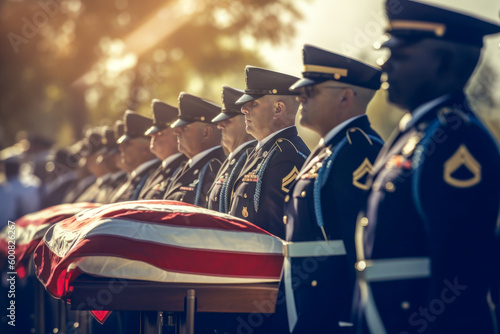 Soldiers by casket draped with USA flag, military funeral. Generative AI