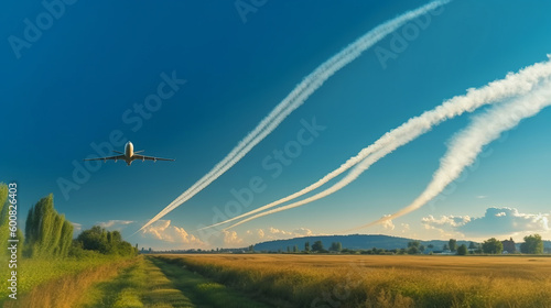 Airplane in sky background. Illustration AI Generative.