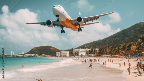 Airplane in sky background. Illustration AI Generative.