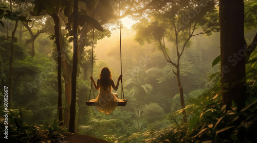 Woman with long swing and forest. Illustration AI Generative.