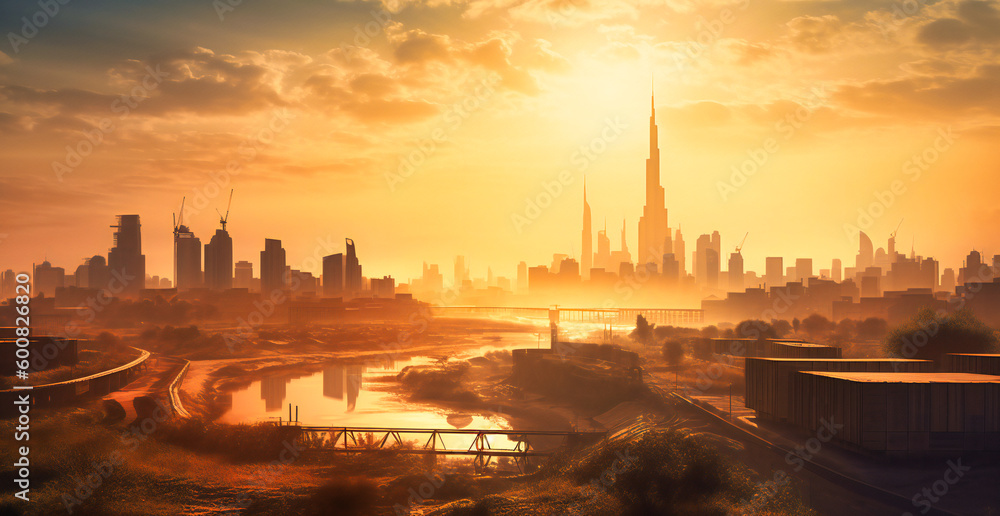 skyline in dubai with sun rising behind towers from above