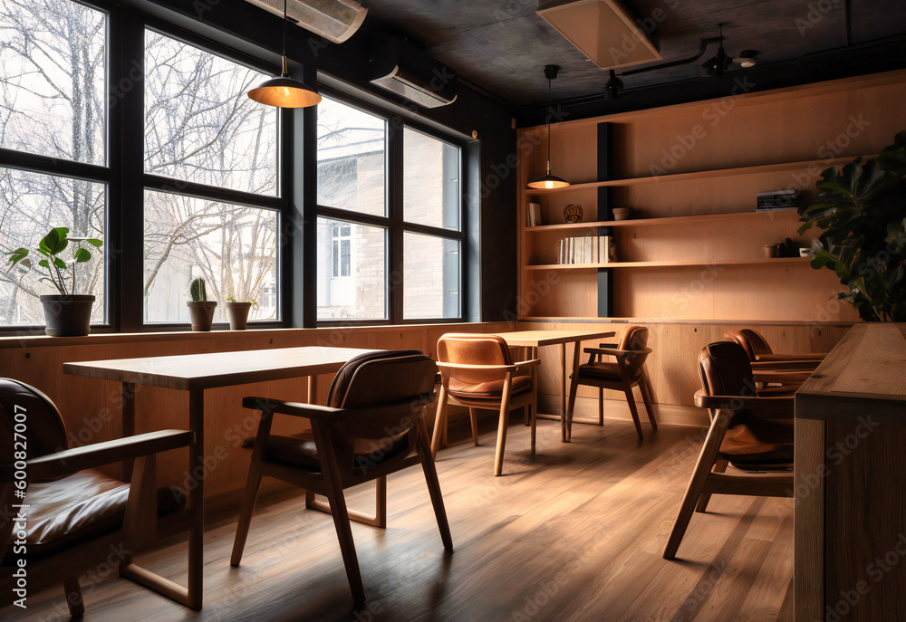 a wood office in a coffee shop with leather chairs
