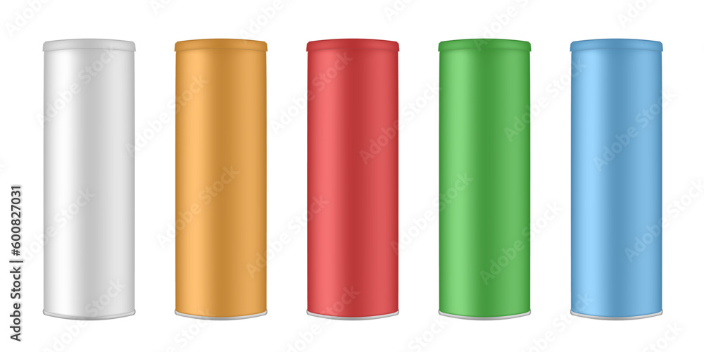 Set of chips tubes. Packaging mockup. White, gold, red, green and blue containers. Cardboard box with plastic lid. Tall tin canisters Set of chips tubes. Packaging mockup. White, gold, red, green and blue containers. Cardboard box with plastic lid. Tall tin canisters