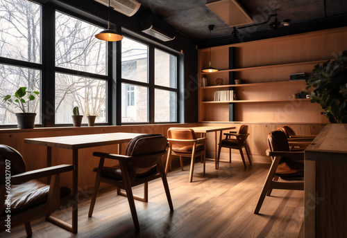 a wood office in a coffee shop with leather chairs © Nilima