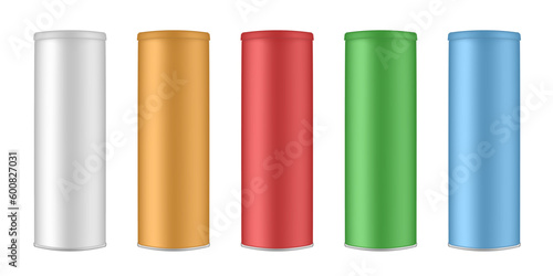 Set of chips tubes. Packaging mockup. White, gold, red, green and blue containers. Cardboard box with plastic lid. Tall tin canisters