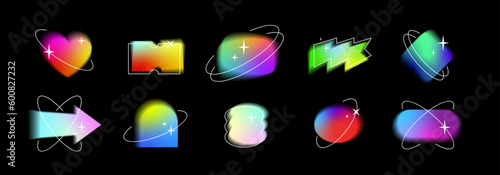 Blurry vector template shapes set y2k aura brutalism effect, orbits, stars. Colorful contemporary decorative holographic gradient elements collection Trendy distressed abstract banners bundle Isolated