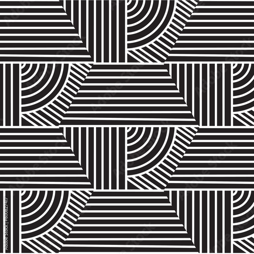Fotografie Striped Hexagon Geometric tessellation Black and White Vector Seamless Repeating