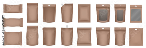 Set of realistic pouch mockups. Brown flow pack, sachet, zip bag and doypack. Ice cream wrapper. Sheet mask sachet. Soap or wet wipes packaging.