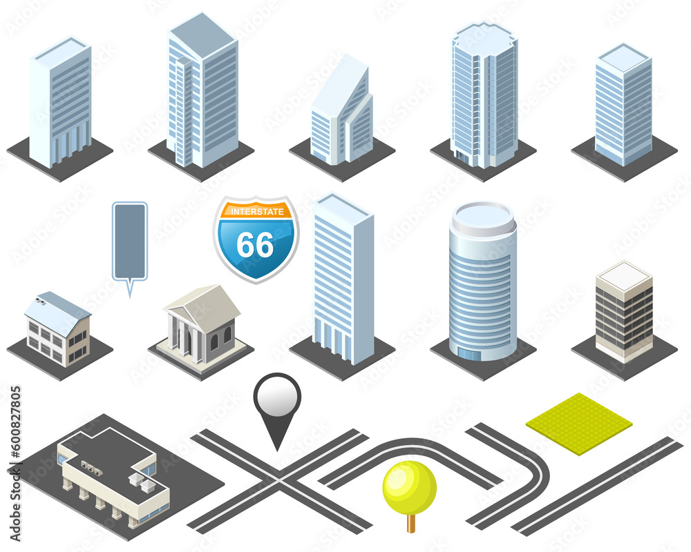 Downtown Isometric Map toolkit with Buildings and Roads Downtown Isometric Map toolkit with Buildings and Roads