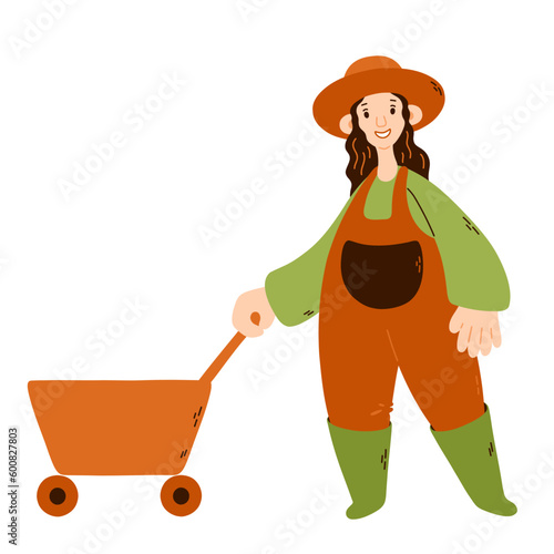 A young girl with a garden cart. Gardening. Vector illustration.