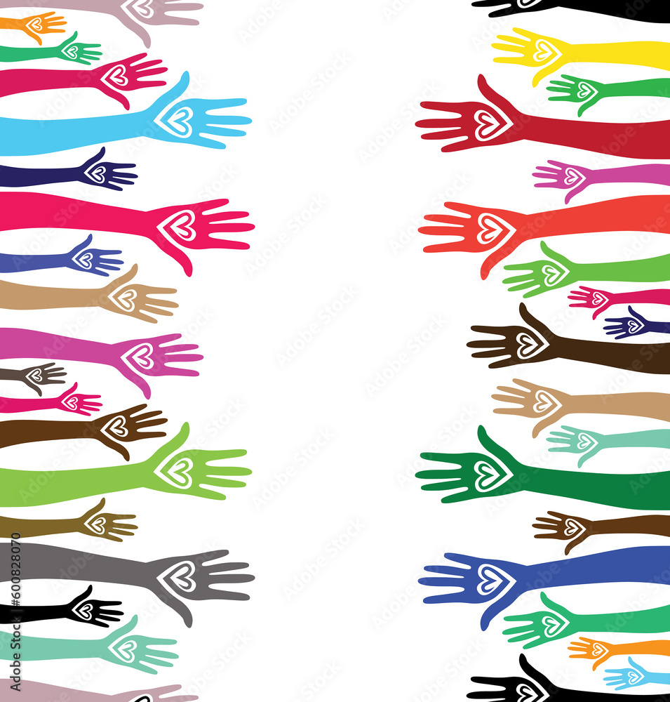 People support hand like heart united seamless background. Vector vertical pattern illustration .