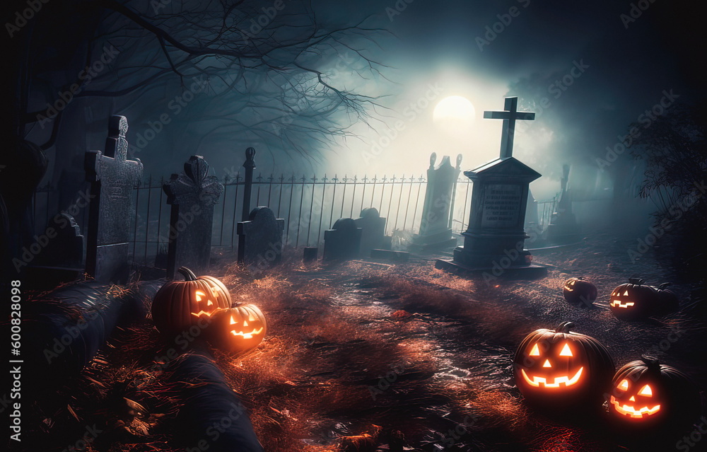 Halloween background with pumpkins and cemetery. generative ai