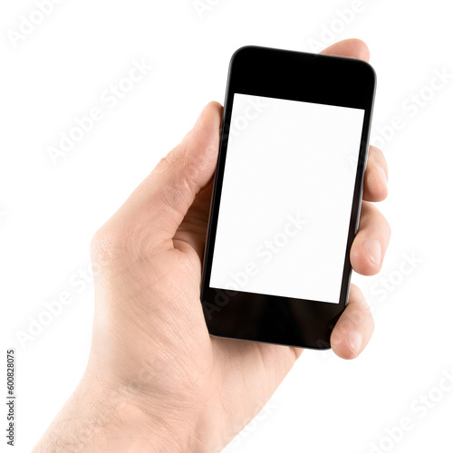 Hand holding mobile smart phone with blank screen. Isolated on white.