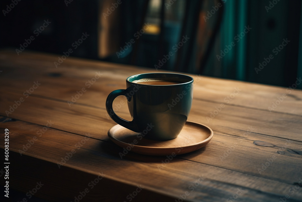 a cup of coffee sitting on top of a wooden table, Generative AI a cup of coffee sitting on top of a wooden table, Generative AI