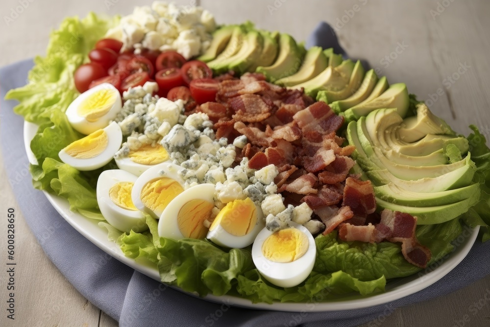 Cobb salad with fresh greens, avocado, hard-boiled eggs, bacon, and blue cheese crumbles Cobb salad with fresh greens, avocado, hard-boiled eggs, bacon, and blue cheese crumbles