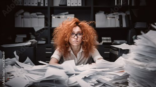 Gestresste Frau im Büro - Burnout, Überstunden, Personalmangel und Zeitdruck, Generative AI photo
