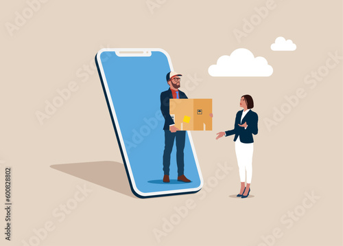 Online delivery. Courier on smartphone screen gives box to customer. Woman receives box from shipper. Food delivery services. Flat vector illustration.