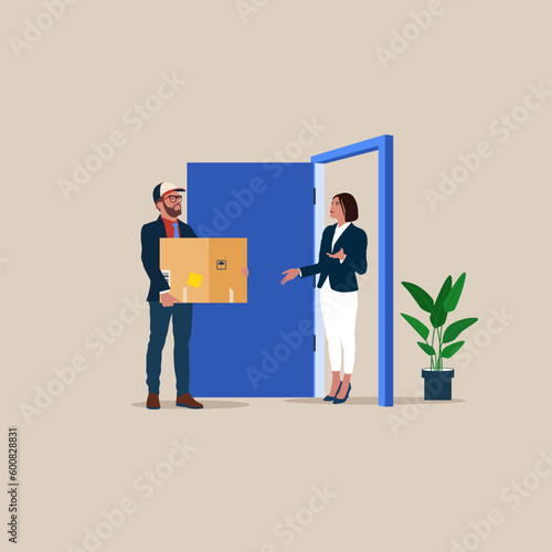 Courier gives box to customer. Food delivery services. Flat vector illustration.
