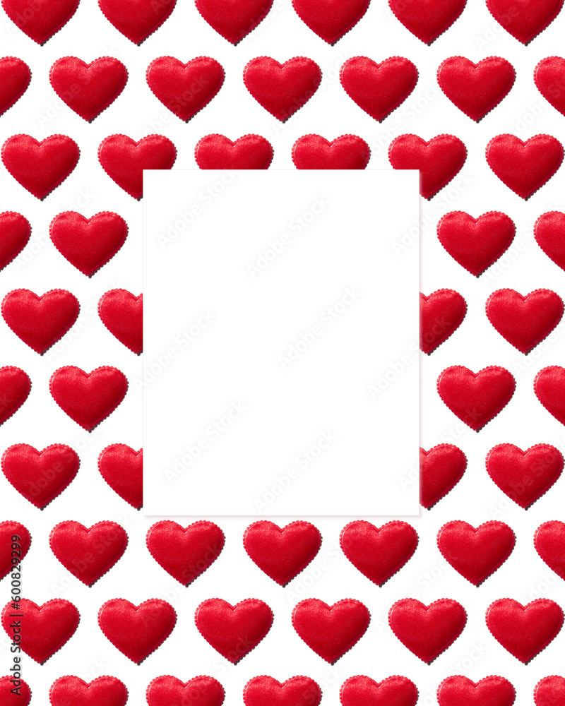 A creative pattern of red hearts on a white background with a rectangular copy space in the center for a love and romantic theme or Valentine's Day