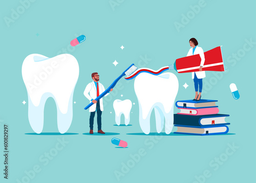 Dentist Care of  Tooths with Toothbrush and tooth paste. Dental Clinic Concept. Dental care. Flat Vector Illustration