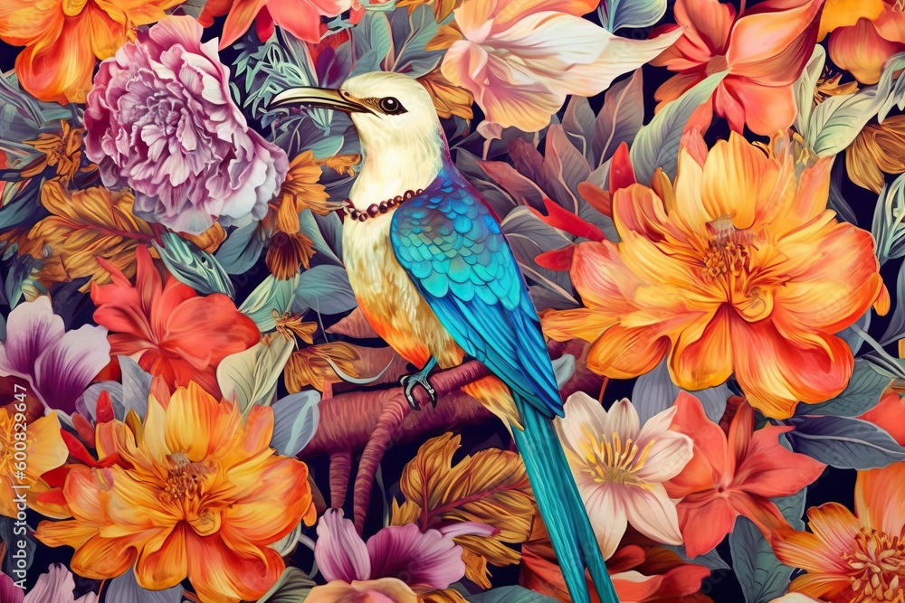 Fototapeta premium Exotic tropical aesthetic pattern with macaws and flowers in bright colors and lush vegetation, generative AI