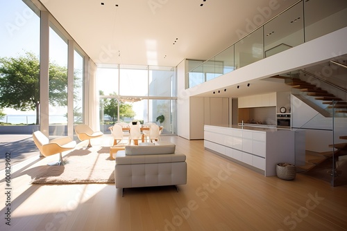 An open plan kitchen and living space in a modern, sleek style, generative AI