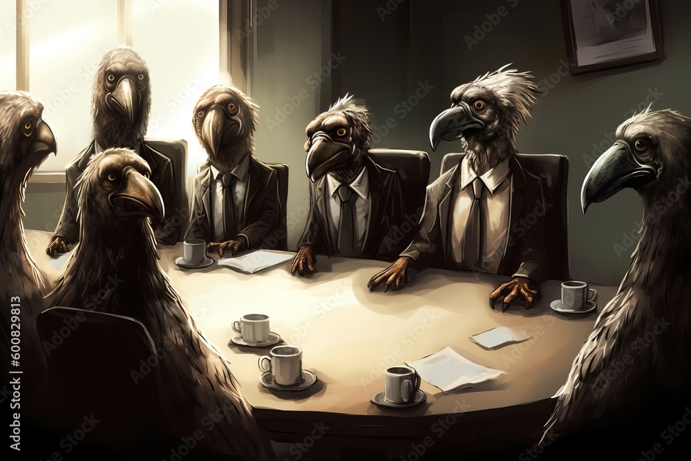 Vultures in a business meeting room, generative ai