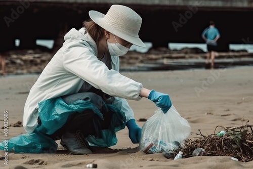 Volunteers cleaning the beach from litter, generative ai
