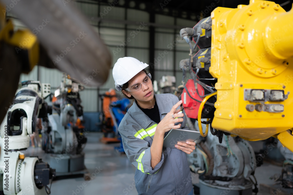 A female engineer installs a program on a robotics arm in a robot warehouse. And test the operation before sending the machine to the customer. A female engineer installs a program on a robotics arm in a robot warehouse. And test the operation before sending the machine to the customer.