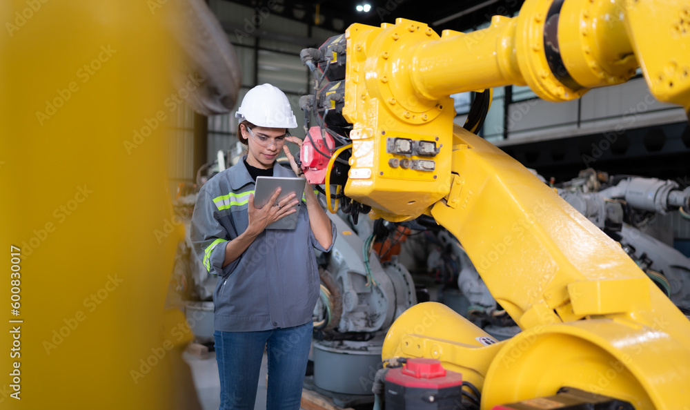 A female engineer installs a program on a robotics arm in a robot warehouse. And test the operation before sending the machine to the customer. A female engineer installs a program on a robotics arm in a robot warehouse. And test the operation before sending the machine to the customer.